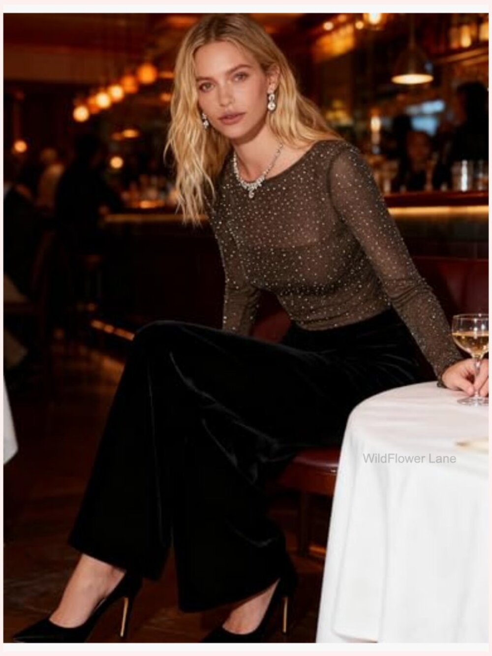 Lace Rhinestone Sparkly See Through Mesh Blouse Long Sleeve Boat Neck Layering - Picture 7 of 7